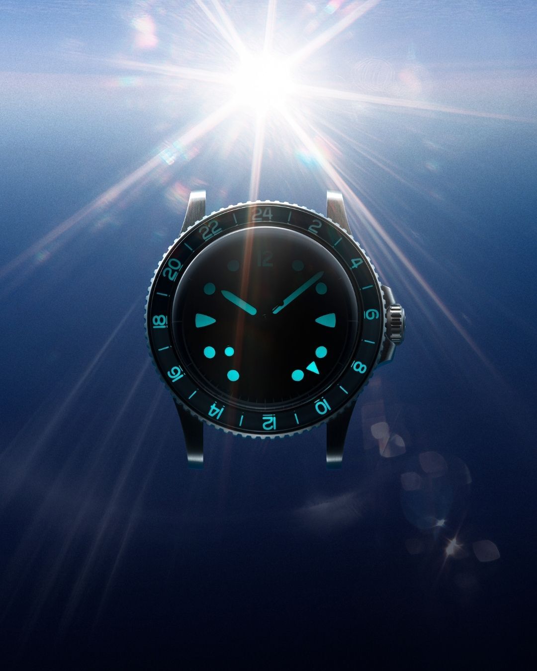 A watch with glowing markers and hands is floating against a deep blue background with a bright sun above.