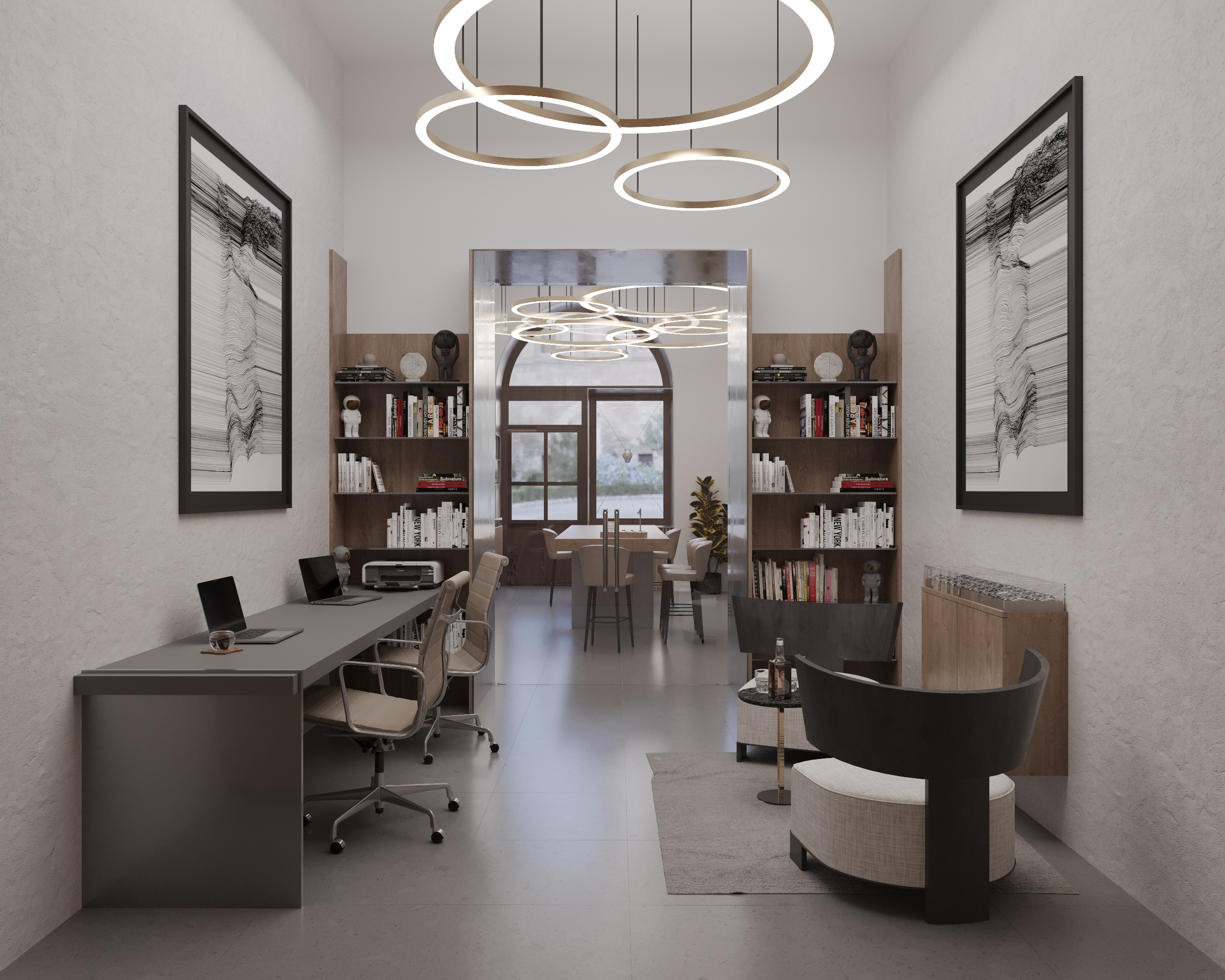 Modern office with a long desk, laptops, swivel chairs, bookshelves, abstract art, circular chandeliers, and a meeting table by a large window.